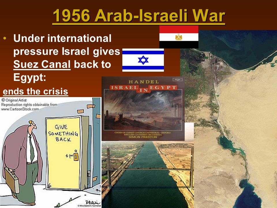 1956 Arab-Israeli War Under international pressure Israel gives Suez Canal back to Egypt: ends the crisis.
