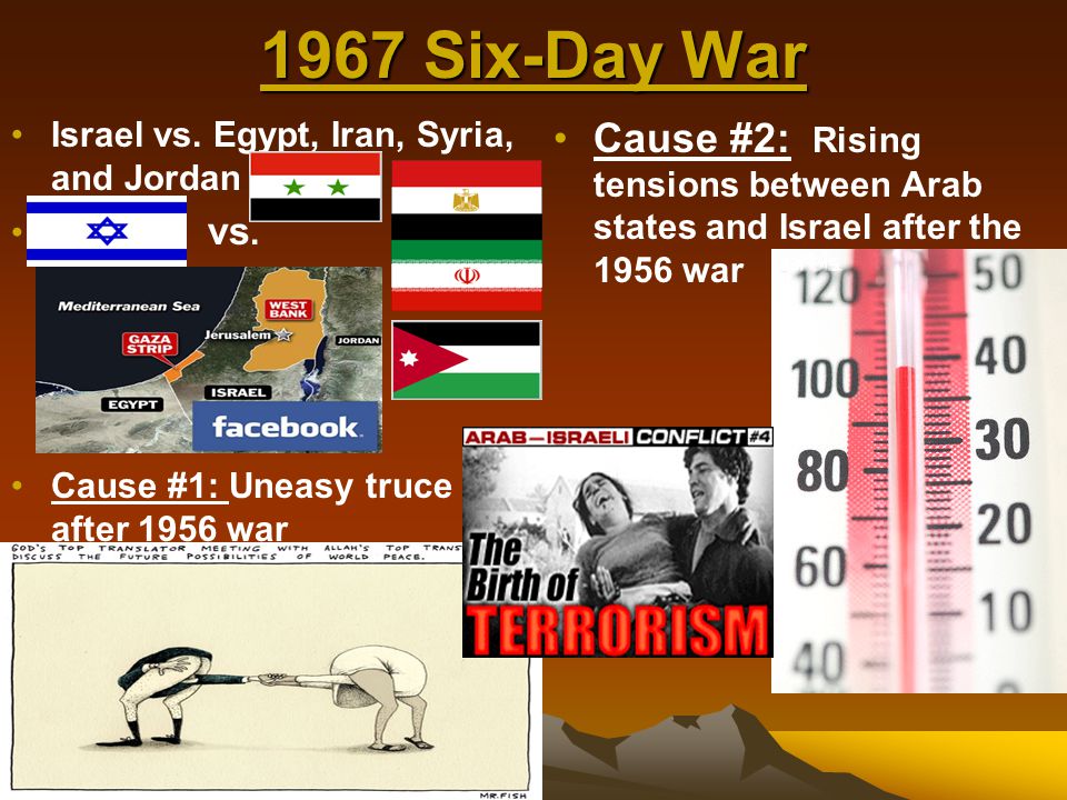 1967 Six-Day War Israel vs. Egypt, Iran, Syria, and Jordan. vs. Cause #2: Rising tensions between Arab states and Israel after the 1956 war.