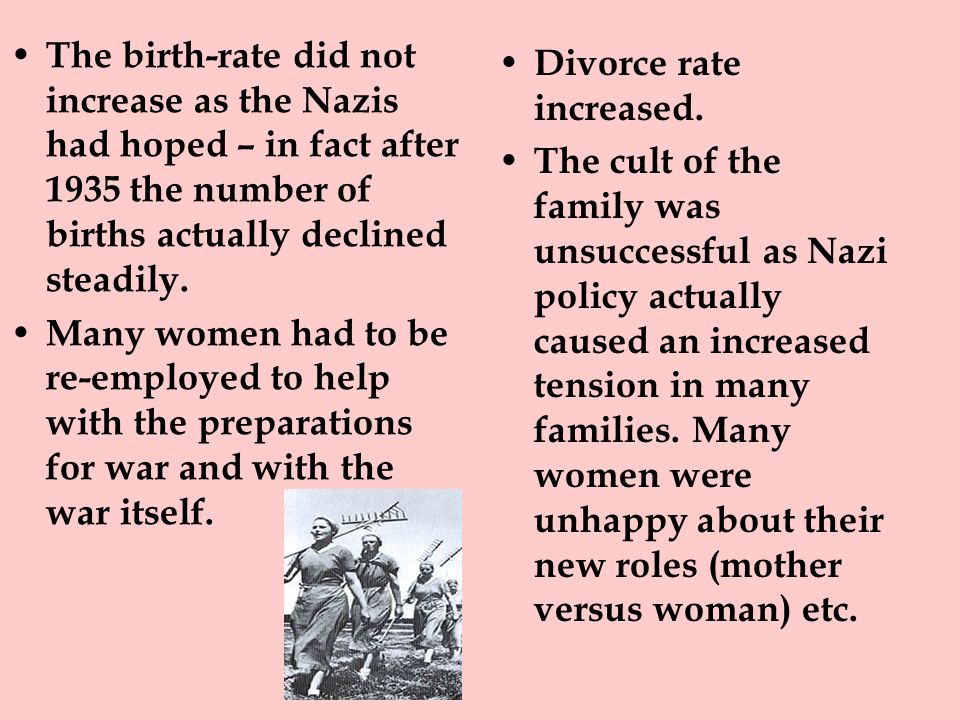 The birth-rate did not increase as the Nazis had hoped – in fact after 1935 the number of births actually declined steadily.