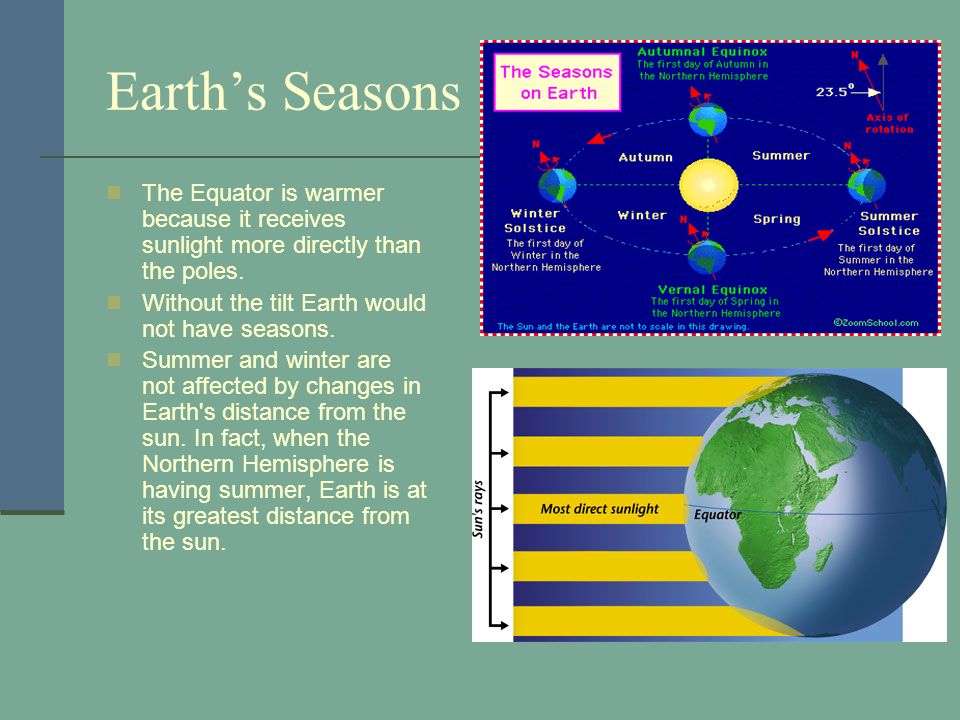 Earth’s Seasons The Equator is warmer because it receives sunlight more directly than the poles. Without the tilt Earth would not have seasons.