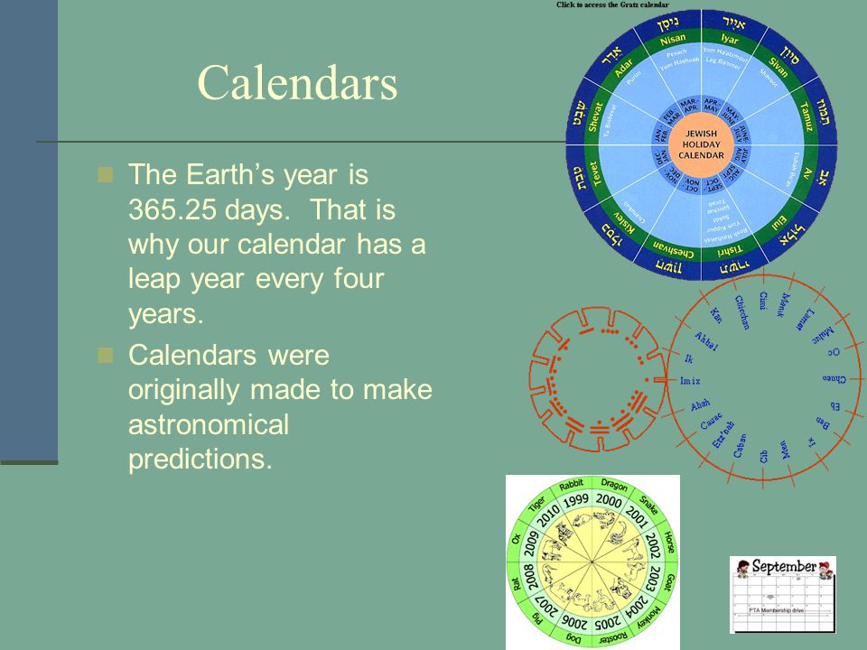 Calendars The Earth’s year is days. That is why our calendar has a leap year every four years.