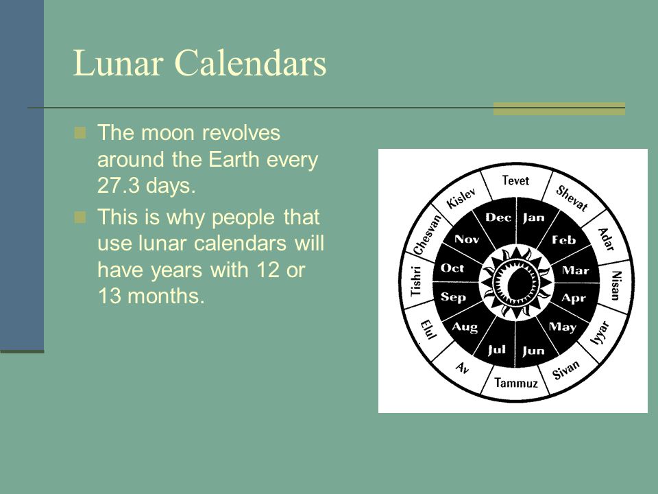 Lunar Calendars The moon revolves around the Earth every 27.3 days.