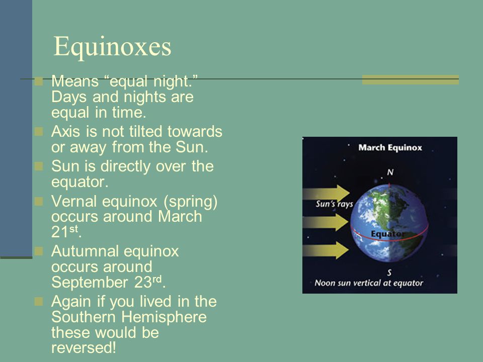 Equinoxes Means equal night. Days and nights are equal in time.