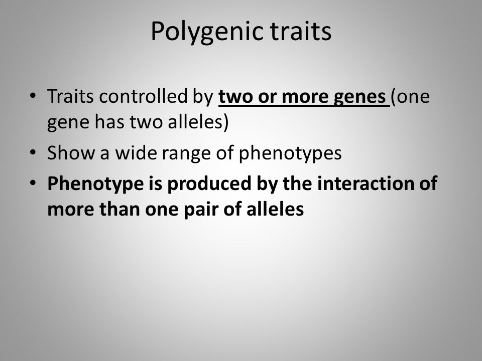 Polygenic traits Traits controlled by two or more genes (one gene has two alleles) Show a wide range of phenotypes.