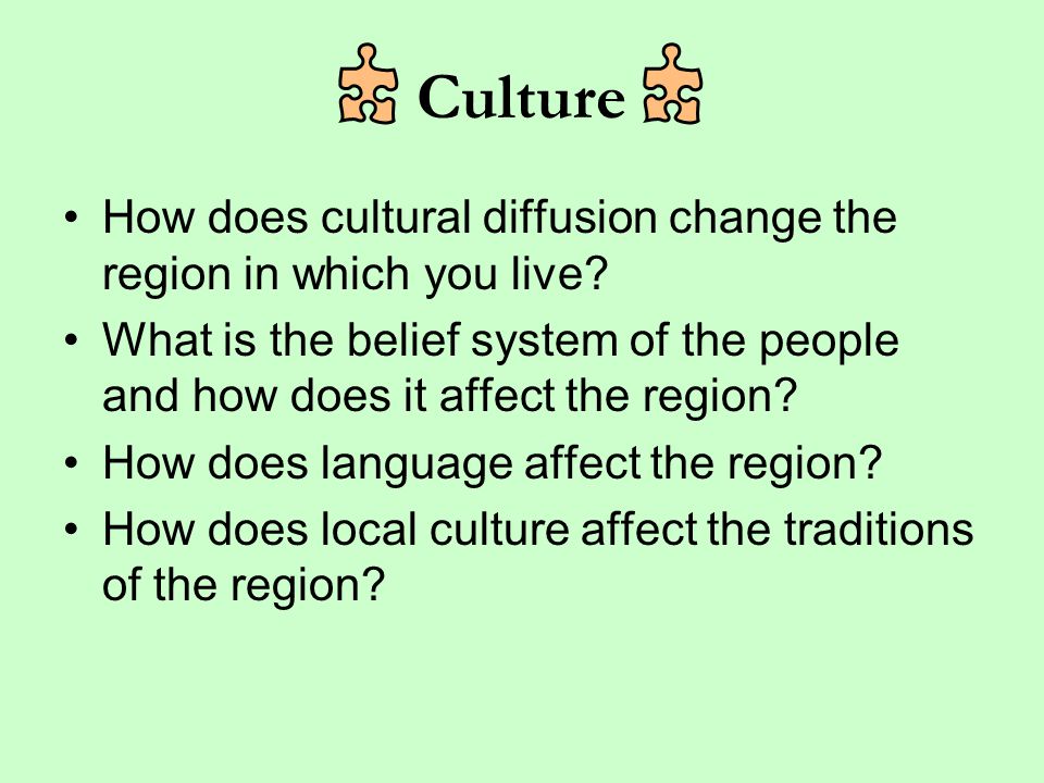Culture How does cultural diffusion change the region in which you live What is the belief system of the people and how does it affect the region