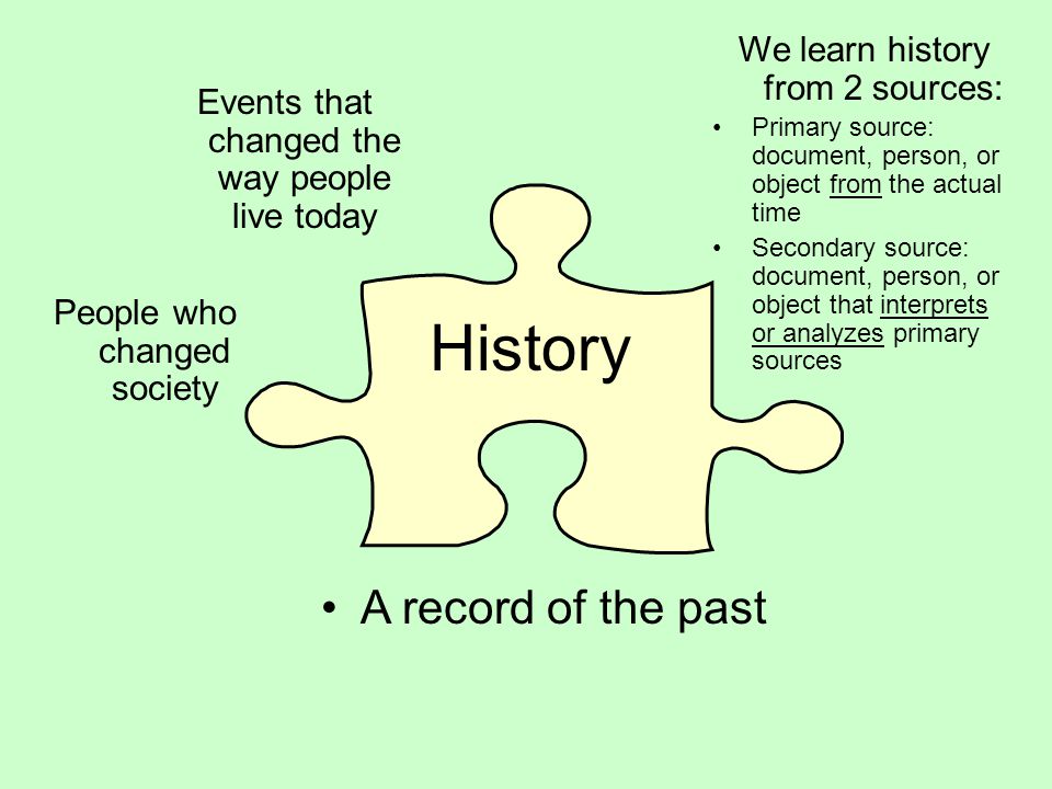 History A record of the past We learn history from 2 sources: