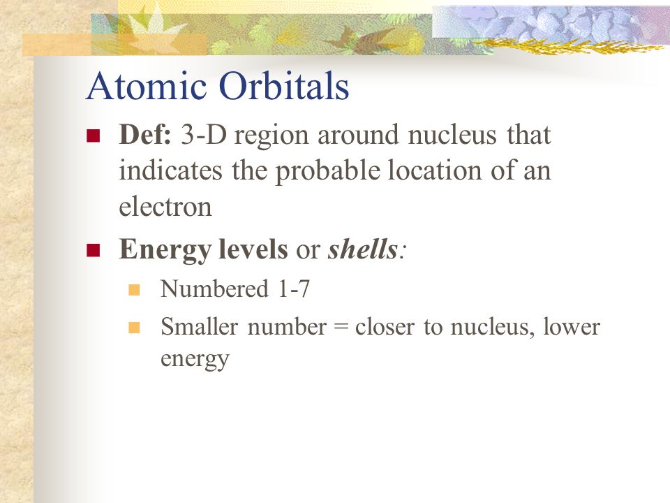 Atomic Orbitals Def: 3-D region around nucleus that indicates the probable location of an electron.