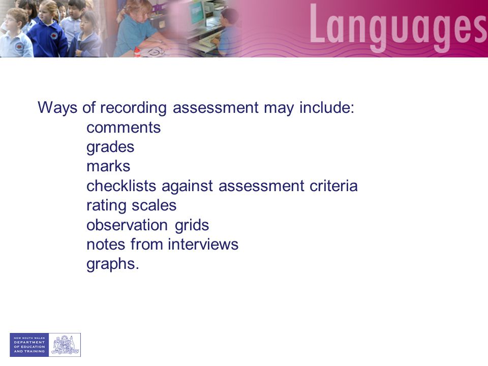 Ways of recording assessment may include: