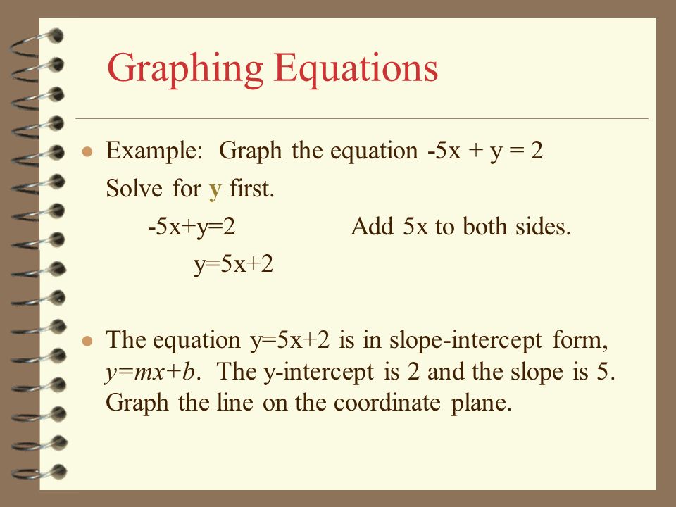 Graphing Equations Example: Graph the equation -5x + y = 2
