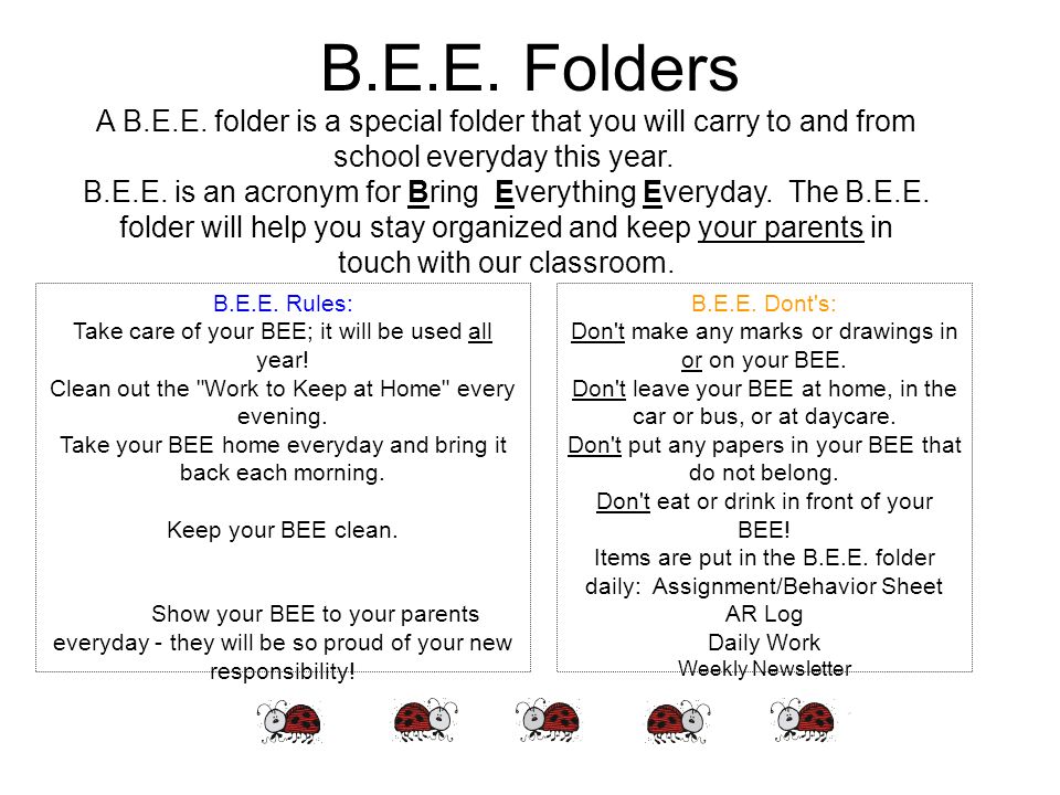 B.E.E. Folders A B.E.E. folder is a special folder that you will carry to and from school everyday this year.