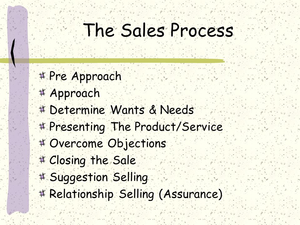 The Sales Process Pre Approach Approach Determine Wants & Needs