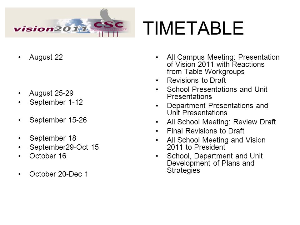 TIMETABLE August 22 August September 1-12 September 15-26