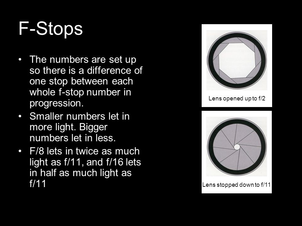 F-Stops The numbers are set up so there is a difference of one stop between each whole f-stop number in progression.