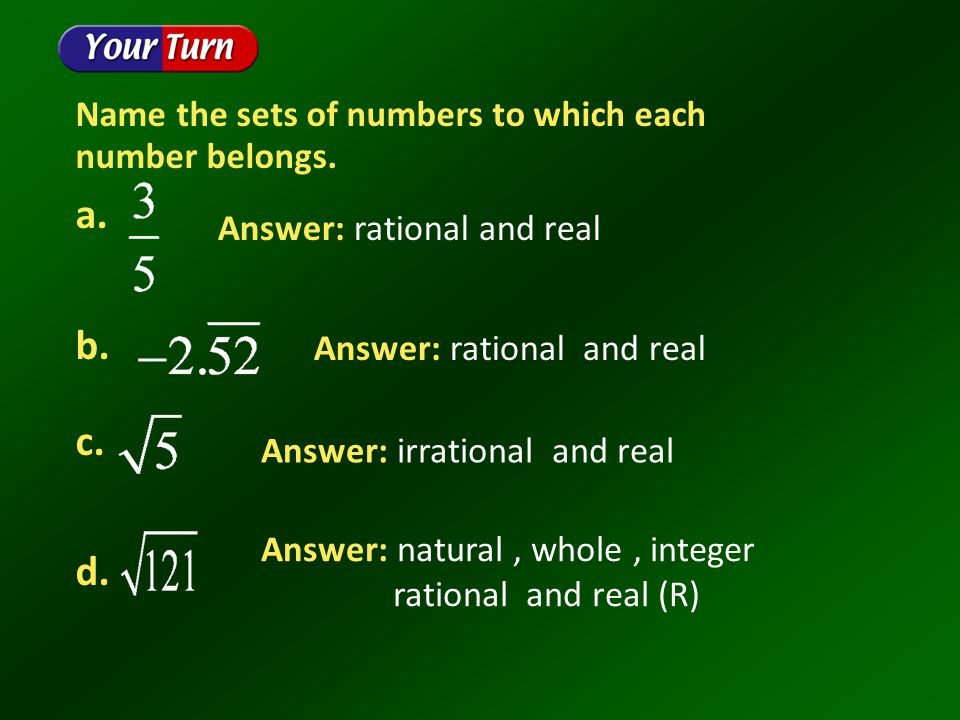a. b. c. d. Name the sets of numbers to which each number belongs.