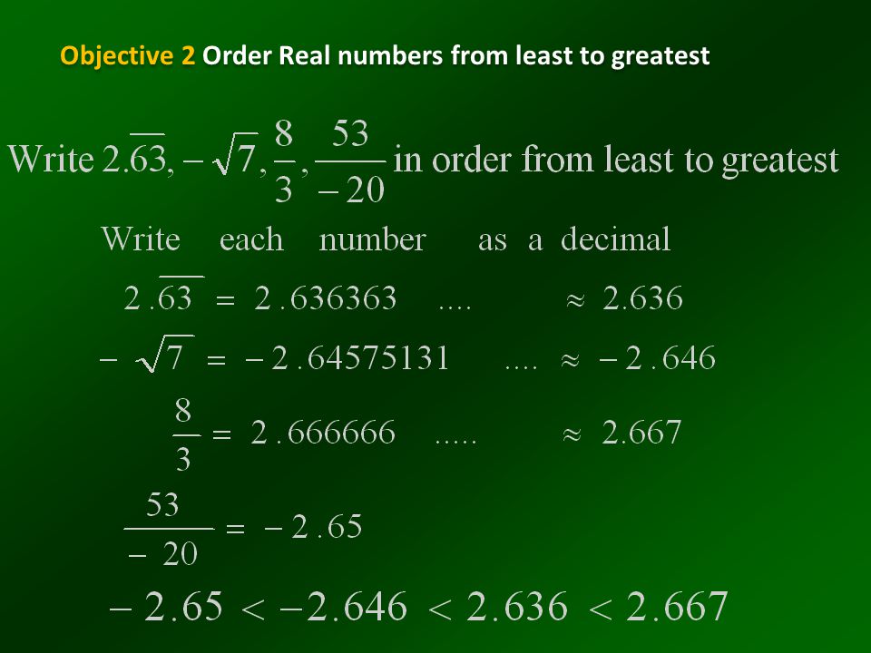 Objective 2 Order Real numbers from least to greatest