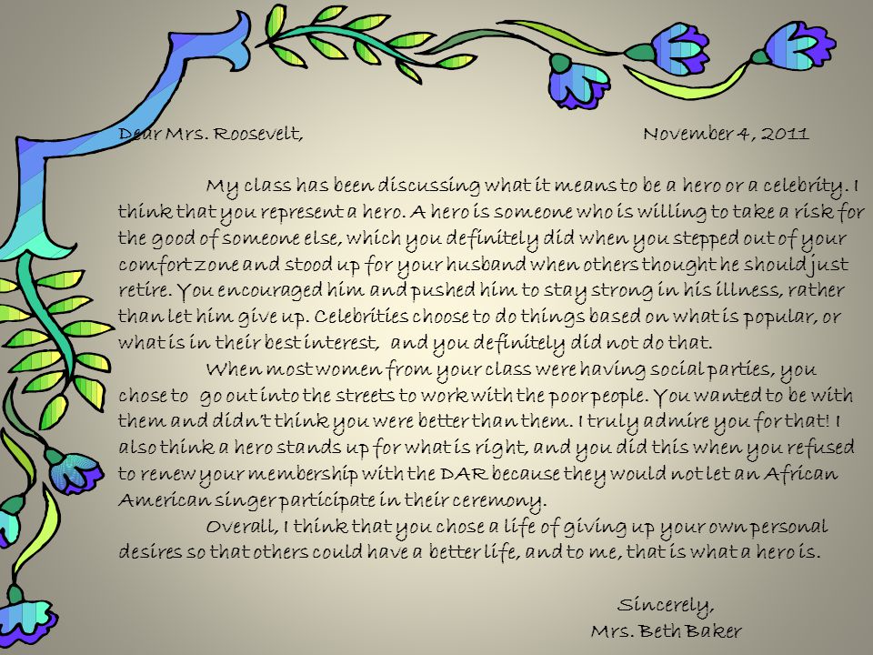 Dear Mrs. Roosevelt, November 4, 2011