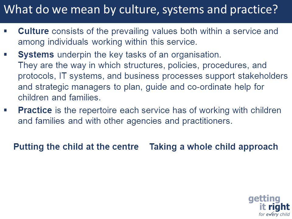 What do we mean by culture, systems and practice