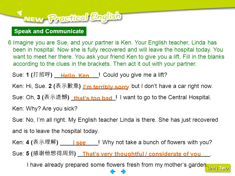 Speak and Communicate 6 Imagine you are Sue, and your partner is Ken. Your English teacher, Linda has.