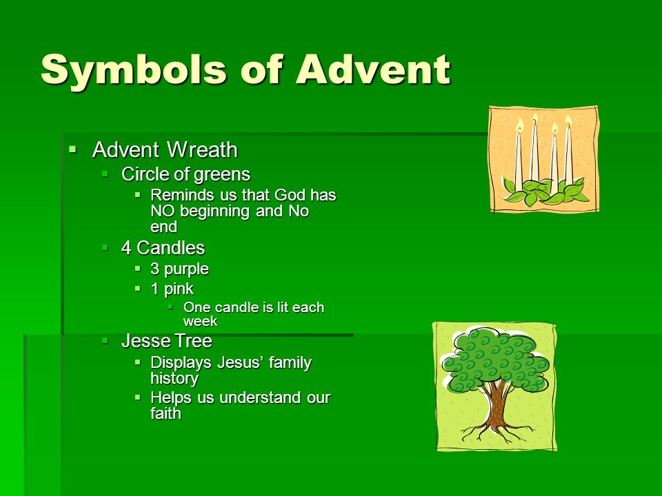 Symbols of Advent Advent Wreath Circle of greens 4 Candles Jesse Tree