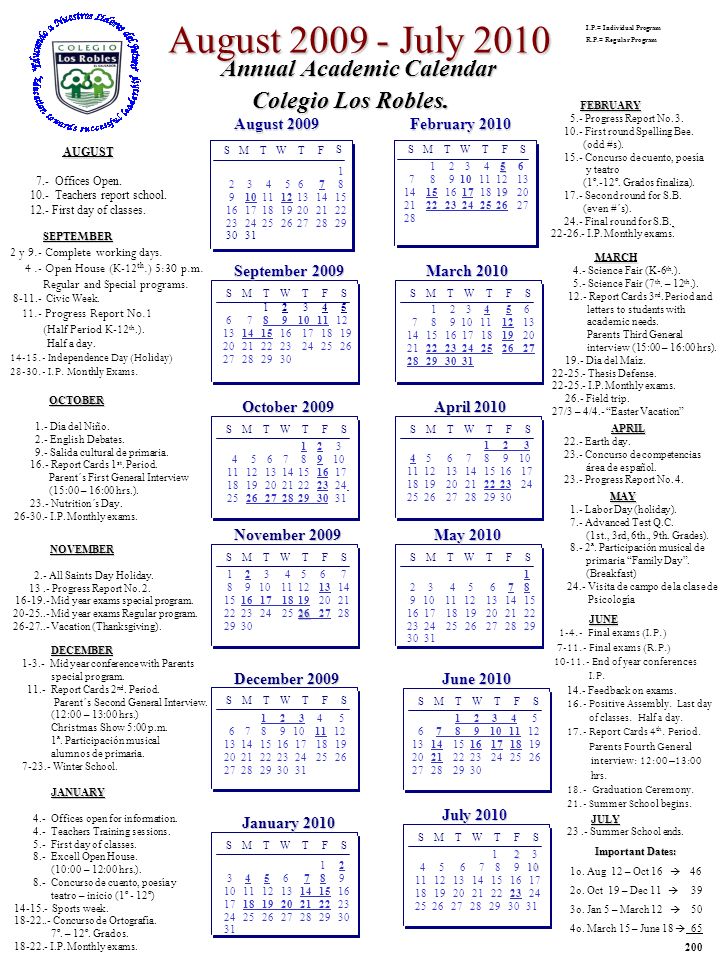 August July 2010 Annual Academic Calendar Colegio Los Robles.
