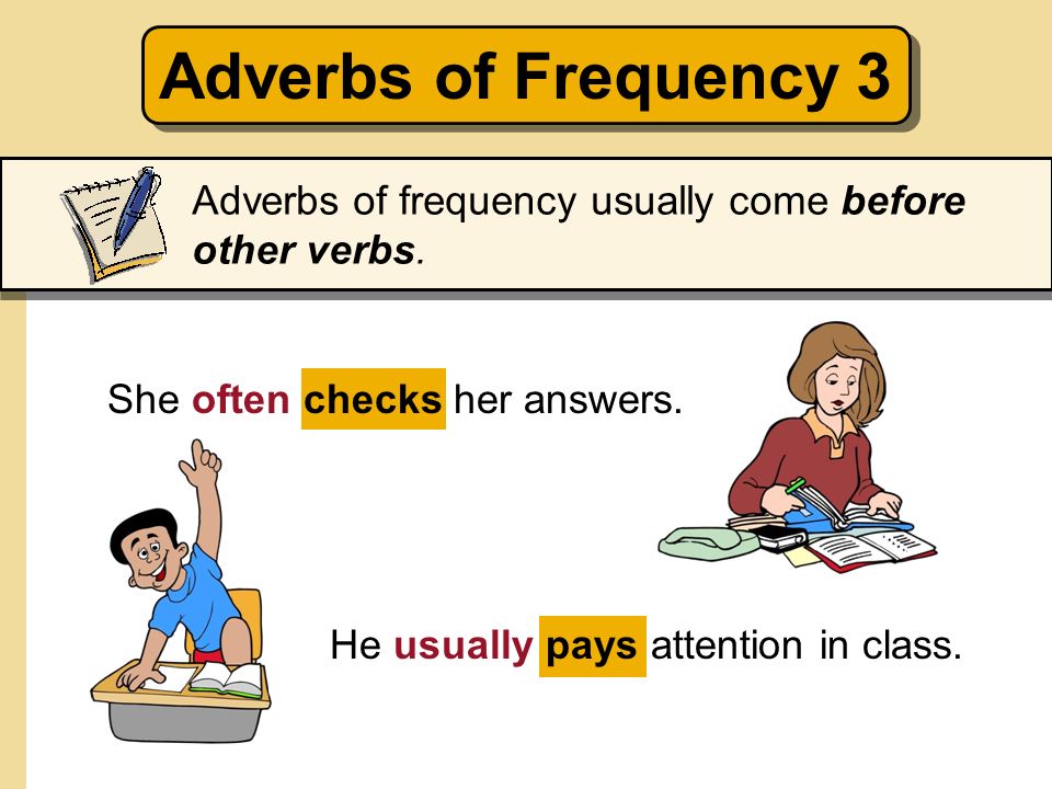 Adverbs of Frequency 3 Adverbs of frequency usually come before other verbs. She often checks her answers.