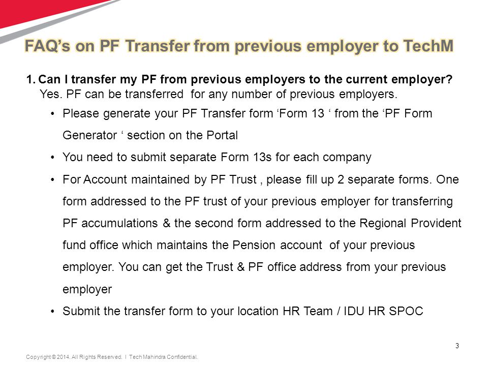 FAQ’s on PF Transfer from previous employer to TechM