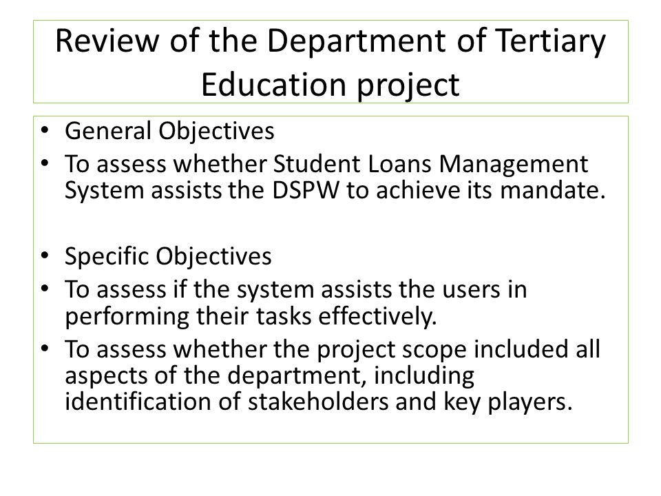 Review of the Department of Tertiary Education project