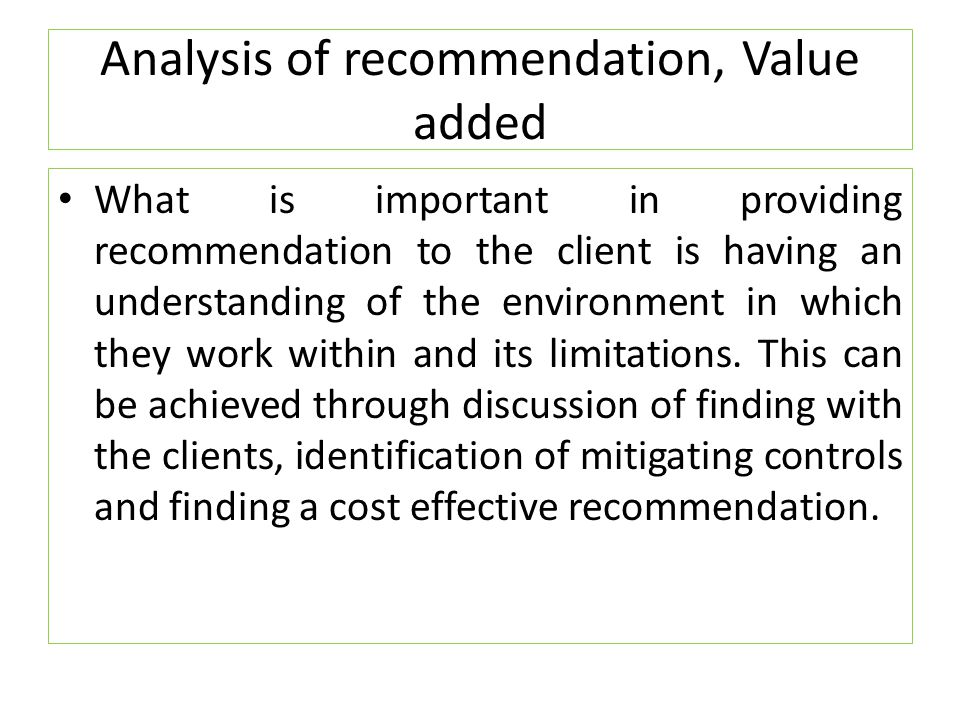 Analysis of recommendation, Value added