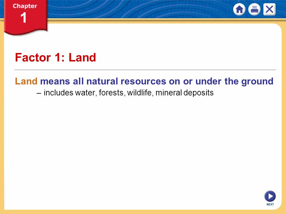 Factor 1: Land Land means all natural resources on or under the ground