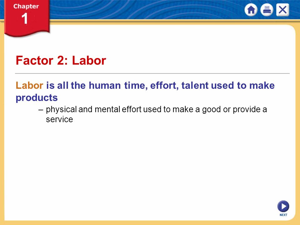 Factor 2: Labor Labor is all the human time, effort, talent used to make products.