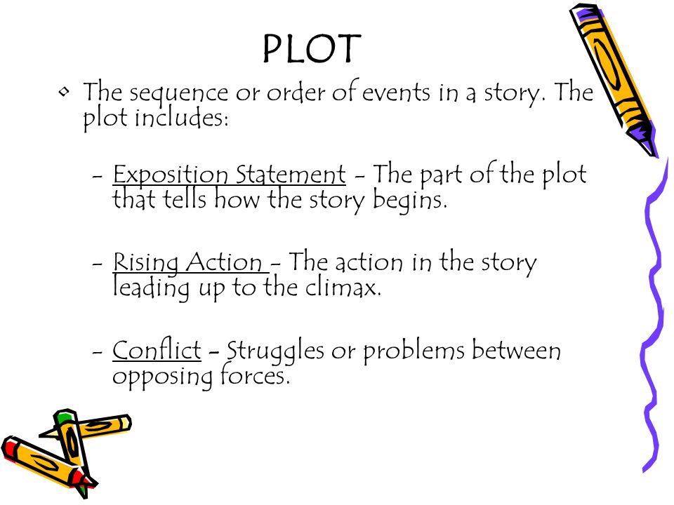 PLOT The sequence or order of events in a story. The plot includes: