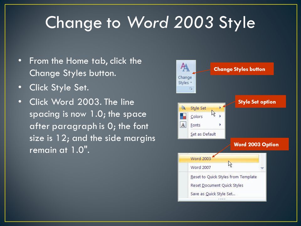 where is style set in word 2003
