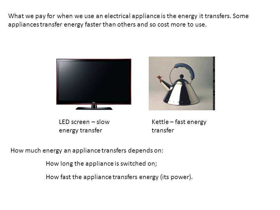 What we pay for when we use an electrical appliance is the energy it transfers. Some appliances transfer energy faster than others and so cost more to use.