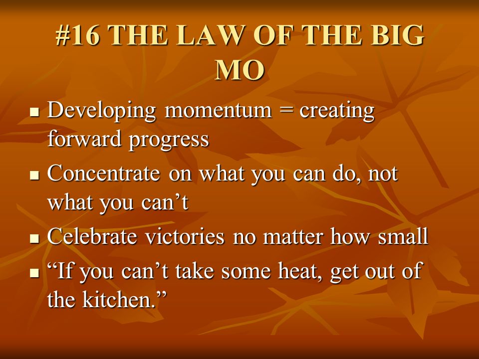 #16 THE LAW OF THE BIG MO Developing momentum = creating forward progress. Concentrate on what you can do, not what you can’t.