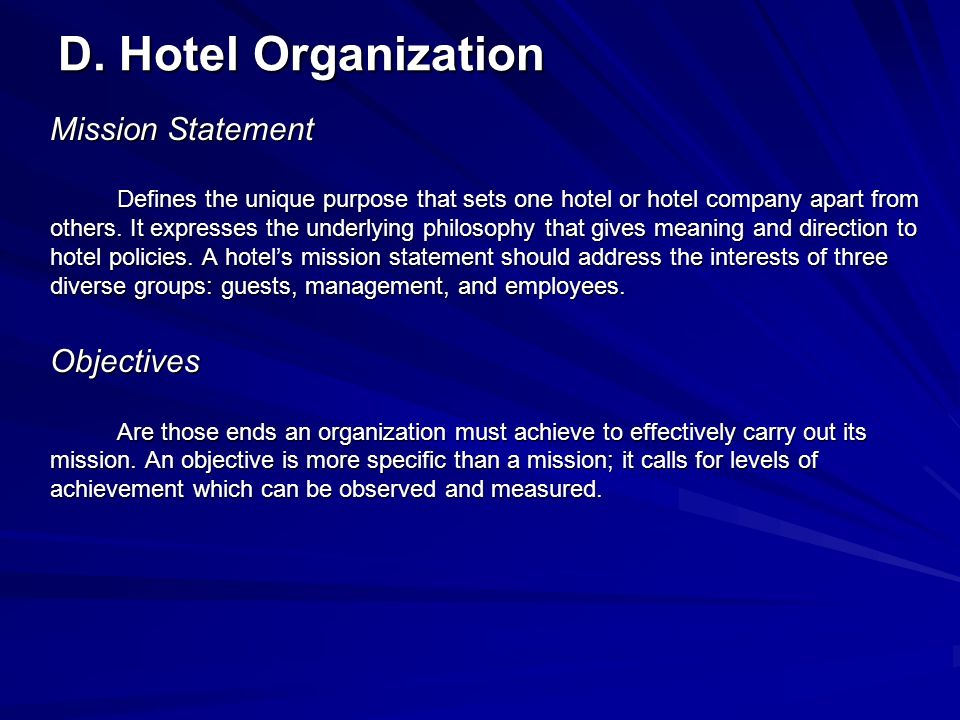 D. Hotel Organization Mission Statement Objectives