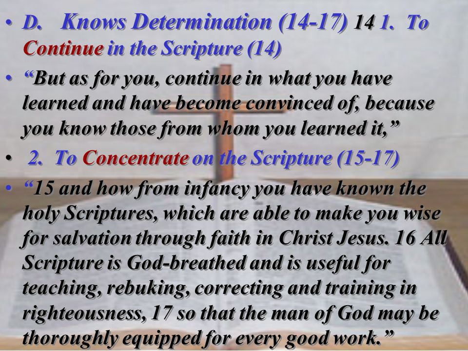 D. Knows Determination (14-17) To Continue in the Scripture (14)