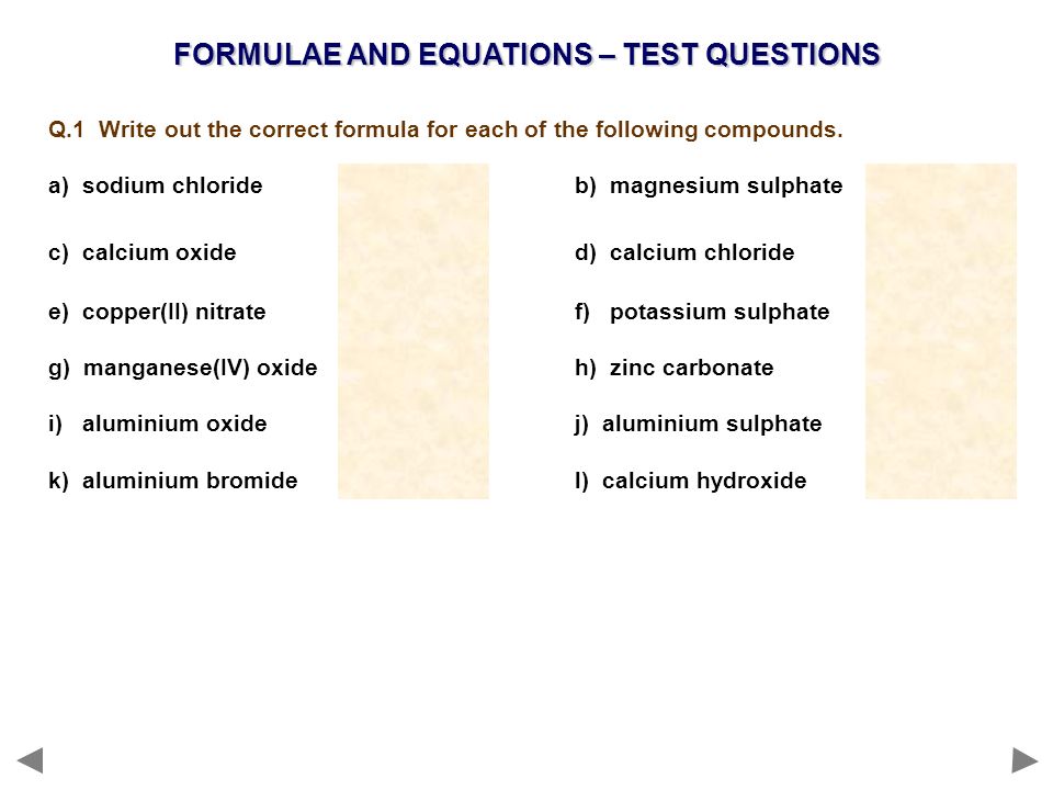 FORMULAE AND EQUATIONS – TEST QUESTIONS