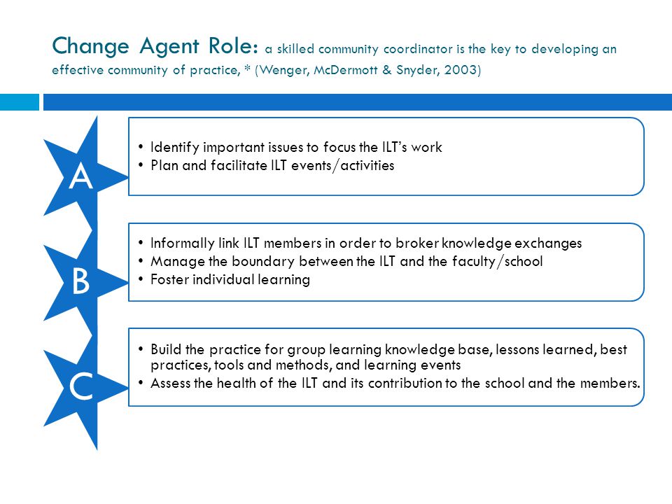 Change Agent Role: a skilled community coordinator is the key to developing an effective community of practice, * (Wenger, McDermott & Snyder, 2003)