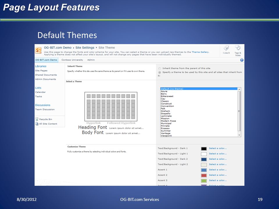 Page Layout Features Default Themes head 8/30/2012 OG-BIT.com Services