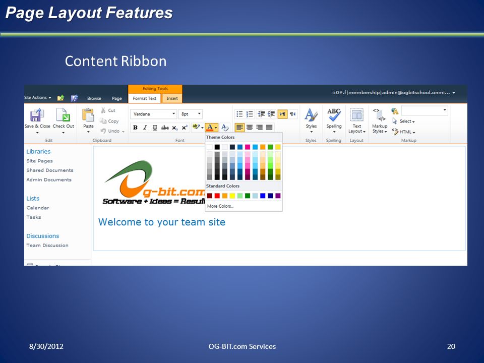 Page Layout Features Content Ribbon head 8/30/2012 OG-BIT.com Services