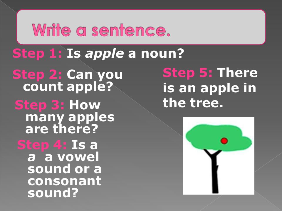 Write a sentence. Step 1: Is apple a noun