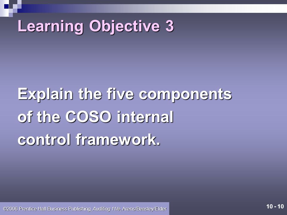 Learning Objective 3 Explain the five components of the COSO internal control framework.