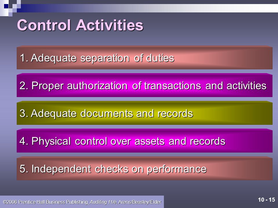 Control Activities 1. Adequate separation of duties