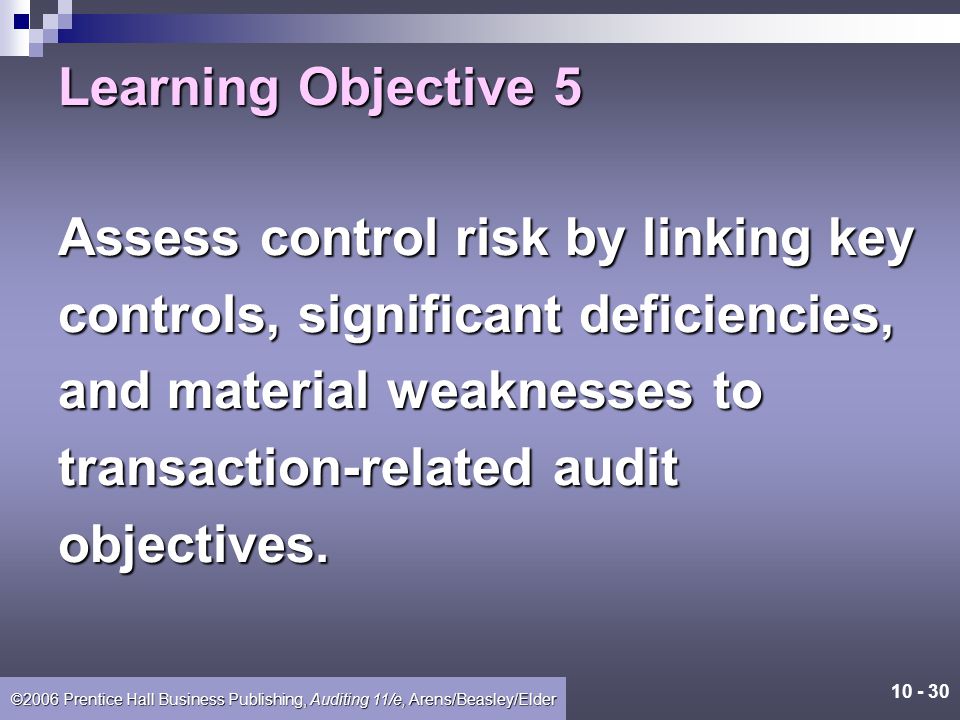 Learning Objective 5 Assess control risk by linking key. controls, significant deficiencies, and material weaknesses to.