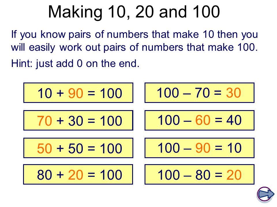Making 10, 20 and 100 If you know pairs of numbers that make 10 then you will easily work out pairs of numbers that make 100.