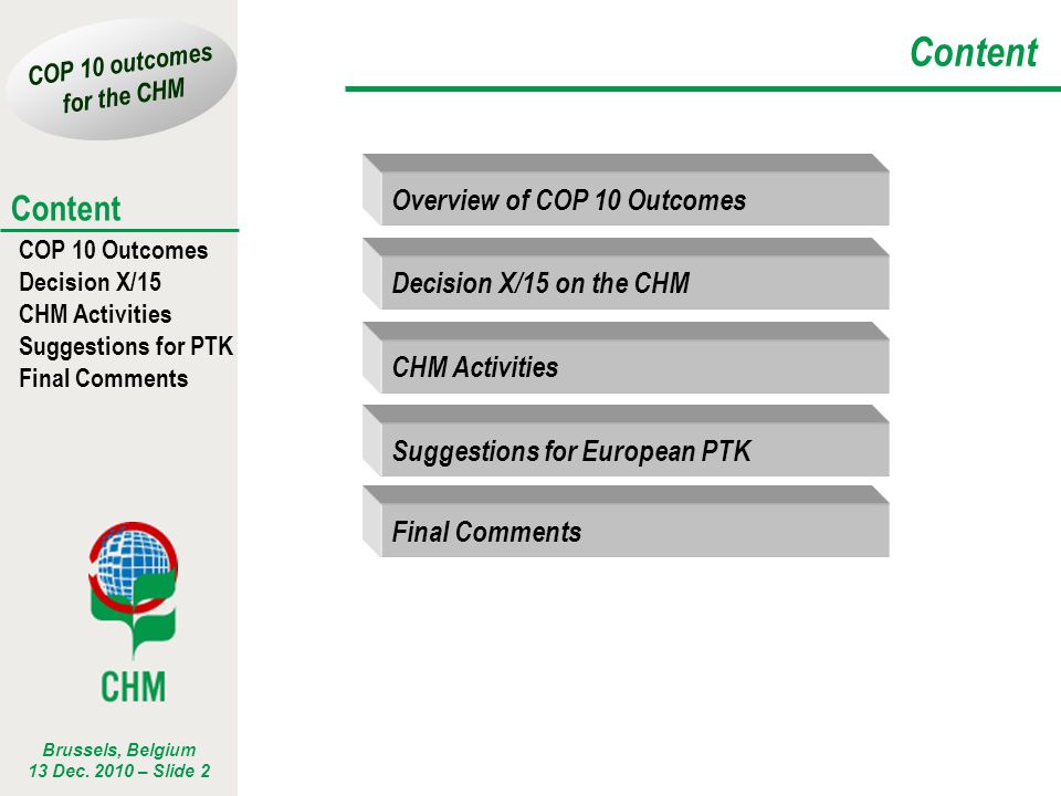 Content Overview of COP 10 Outcomes Decision X/15 on the CHM