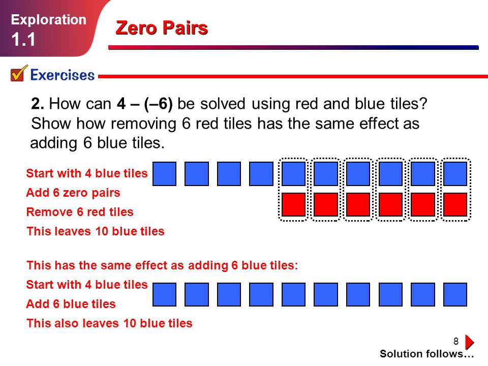 Exploration 1.1. Zero Pairs. Exercises. 2. How can 4 – (–6) be solved using red and blue tiles