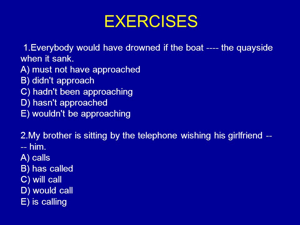 EXERCISES 1.Everybody would have drowned if the boat ---- the quayside when it sank.