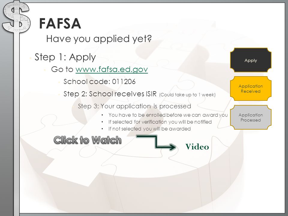 FAFSA Have you applied yet Step 1: Apply Click to Watch Video