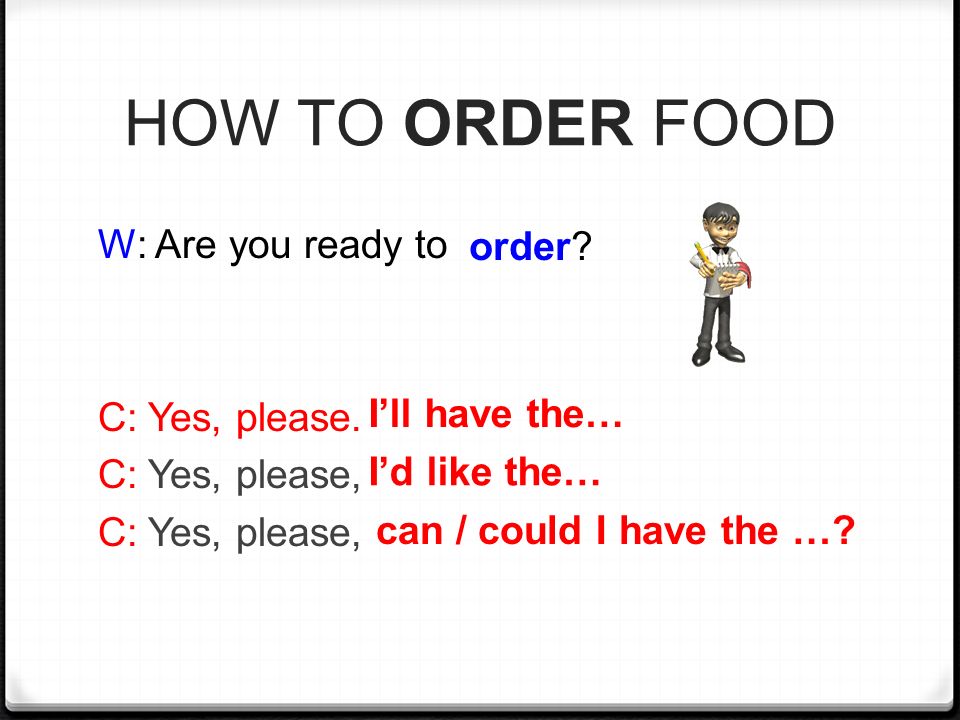 HOW TO ORDER FOOD W: Are you ready to order C: Yes, please.